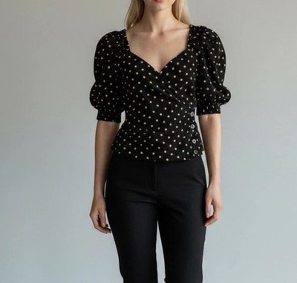 Madewell Corduroy Puff Sleeve Black Brown Polka Dot Faux Wrap V-Neck Top Medium